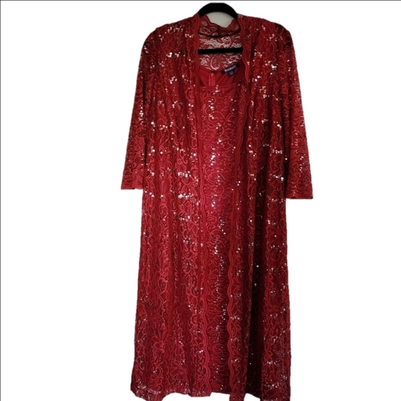 Roaman's Elegant Red Lace Sequin Women's Matching Duster & Dress Set 18W - Picture 1 of 15